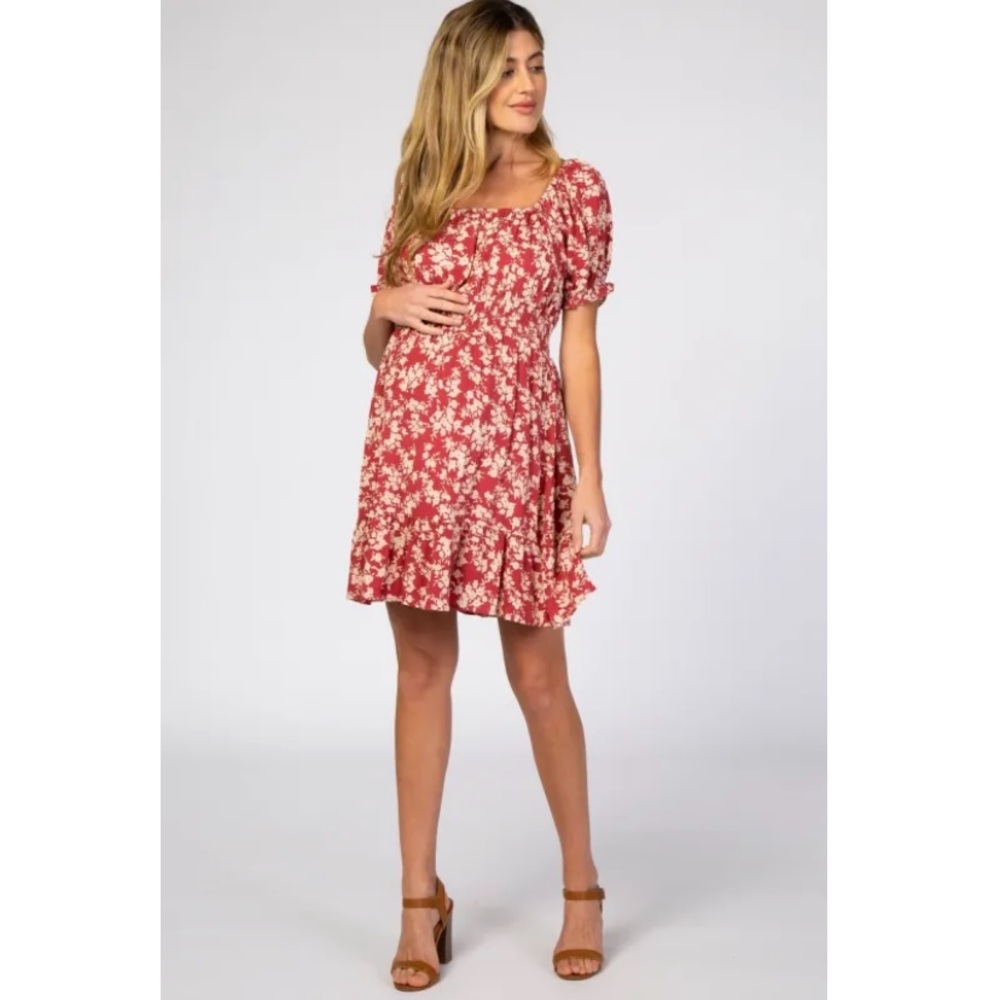 Red Floral Off Shoulder Maternity Mini Dress